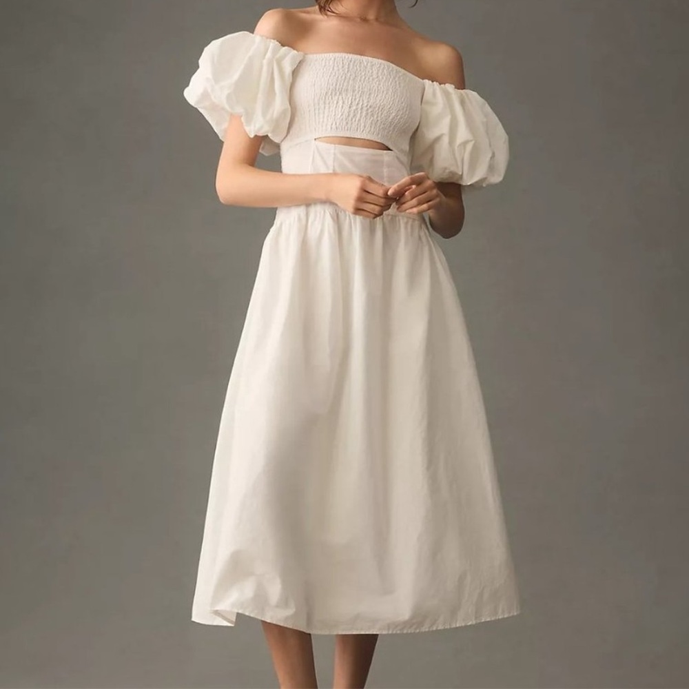 NEW Anthropologie Moon River Smocked Midi Dress with Cutout and Puff Sleeves